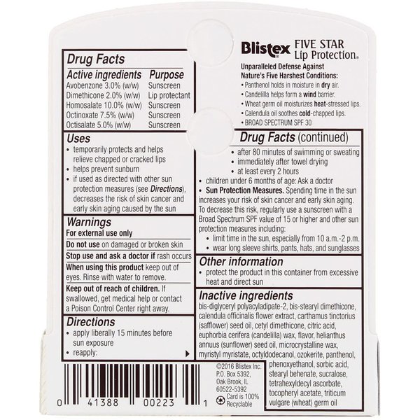 Blistex Five Star Lip Protection Lip Protectant/Sunscreen SPF 30 - Pack of 6