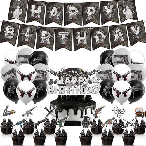 Gun Party Decorations Gun Pistol Shooting Birthday Decorations Set, Gun Party Supplies Includes Birthday Banner, Cake Topper, Cupcake Toppers, Latex Balloons