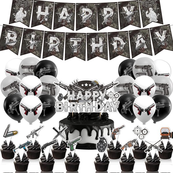 Gun Party Decorations Gun Pistol Shooting Birthday Decorations Set, Gun Party Supplies Includes Birthday Banner, Cake Topper, Cupcake Toppers, Latex Balloons