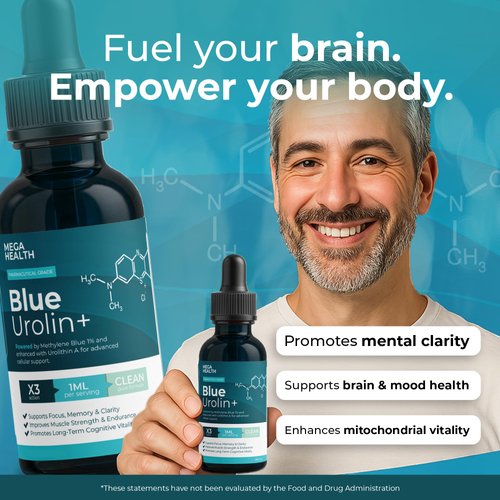 Methylene Blue 1% USP Grade with Urolithin A - Blue Urolin+ - Brain & Mitochondria Support Supplement - Pharmaceutical Grade, No Formaldehyde - Cognitive & Cellular Energy Booste
