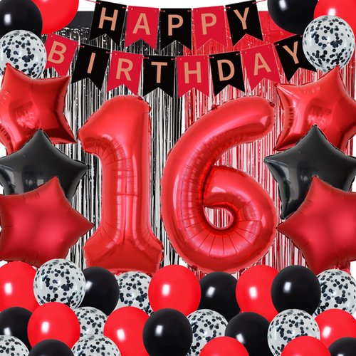 16th Birthday Decorations for Boys Red and Black 16th Happy Birthday Banner Sixteen Birthday Supplies Number 16 Balloon Foil Fringe Curtains Latex Balloons for Him Her 16 Year Old Birthday Party