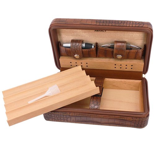 AMANCY Premium Brown Leather Travel Cigar Case,Luxury Portable Cigar Humidor W/Quality Cigar Cutter Lighter Set