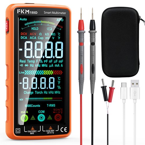 Digital Multimeter, FKM DC/AC Current Voltage Tester, TRMS 6000 Counts Voltmeter with Auto-Ranging & Rechargeable, Color LCD Multimeter Tester with NCV Temperature Resistance Continuity Battery