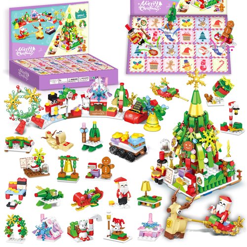 MooCubic Advent Calendar 2024 Christmas Building Set, 24 Days Countdown Gift, 49 Style Model Block Toy, Xmas Tree Santa Reindeer Include, Holiday Party Favor Goodie Bag Stuffers for Kids Girls Boys 6+