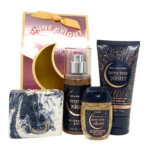 Bath & Body Works Into The Night Shine Bright - Mini Gift Bag Set Travel Size - Fragrance Mist - Body Cream - Hand Gel and a Charcoal Scrub Bar Soap.