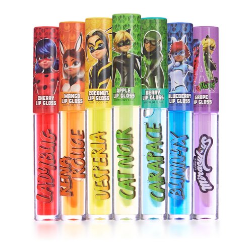 Miraculous 7pc Lip Gloss Set - Zag Heroez Lipgloss Collection Featuring Exciting Fruit Flavors & Precision Applicator Lip Gloss Tubes With Wand