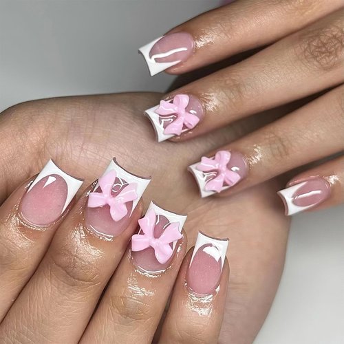ROFIBUT French Tip Press on Nails Short Square Fake Nails White French Tip False Nails with 3D Resin Bow Charm Designs Glossy Natural Nude Acrylic Nails Reusable Stick on Nails for Women Girls 24Pcs