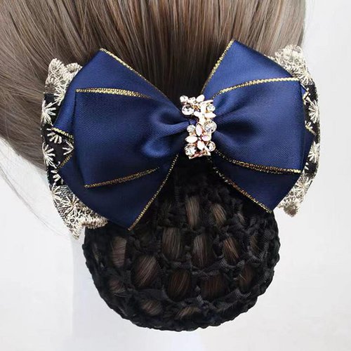 AsggBah 2pcs Upscale Hair Clips with Bow Knot Bun Snood Hair Barrettes Decorated with Crystal Bow Hair Mesh Hair Net for Professional Ladies Women (Blue)