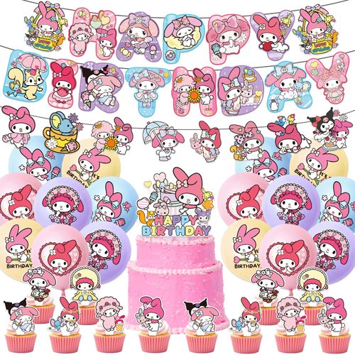 Kawaii Meloy Birthday Party Decorations, Cartoon Birthday Supplies for Kids Girls Include Happy Birthday Banner, Balloons, Cake Toppers Party Favor (PT-Mei B 2403)