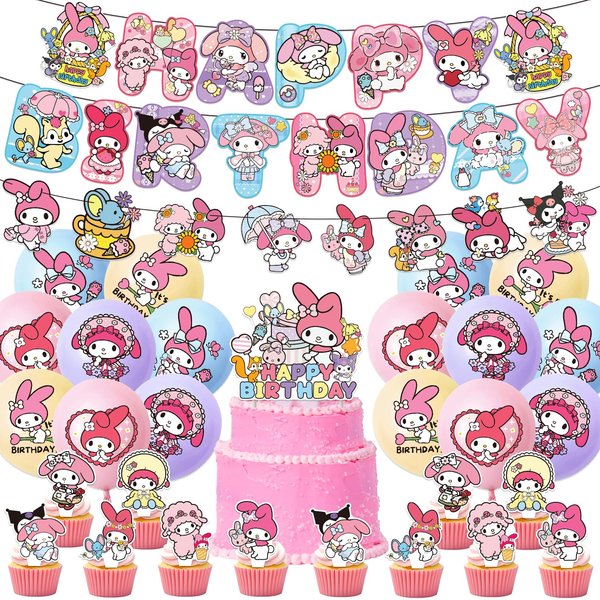 Kawaii Meloy Birthday Party Decorations, Cartoon Birthday Supplies for Kids Girls Include Happy Birthday Banner, Balloons, Cake Toppers Party Favor (PT-Mei B 2403)