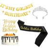 Hinly 1 Set Golden Birthday Party Decorations It's My Golden Birthday Banner, Golden Birthday Sash, Happy Golden Birthday Cake Topper, Crystal Princess Crown and Tiara for Women Party Supplies