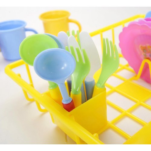 PowerTRC Kids Pretend Play Dishes Playset, Durable Kitchen Toys and Tea Set for Children, Wash and Dry Tea Playset with Dish Rack and Accessories (27 Pieces)
