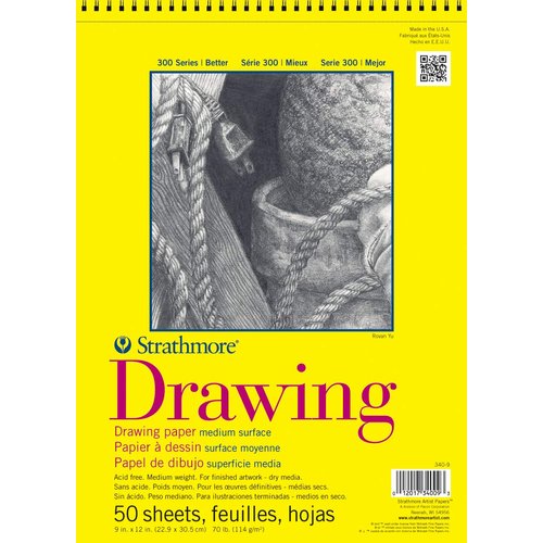 Strathmore 300 Series Drawing Paper Pad, Top Wire Bound, 9x12 inches, 50 Sheets (70lb/114g) - Artist Paper for Adults and Students - Charcoal, Colored Pencil, Ink, Pastel, Marker
