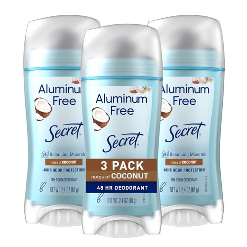 Secret Aluminum Free Deodorant for Women, 48hr Odor Protection, Free of Parabens Dyes Talc & Baking Soda, Coconut Scent, 2.4 oz (Pack Of 3)