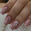 RikView Pink Press on Nails Medium Acrylic Nails Square Fake Nails with Hearts Design Glossy Nails 24 PCs/Set