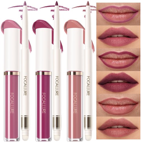 FOCALLURE KISSPROOF 6Pcs Liquid Lipstick & Lip Liner Set, 3 Highly Pigmented Lip Gloss, 3 Matte Lip Crayons with Built-in Sharpener, Non-Stick Cup Lips Makeup Gift for Women, PK01 ROSE