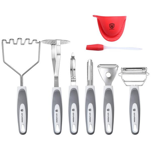 Stainless Steel Potato Masher & Peeler Set (6PCS Set - Gray) - Includes Potato Masher, Wire Masher, Multi-purpose Peelers, Comfortable Grip Design For Kitchen, Free Silicone Brush and Oven Mitt