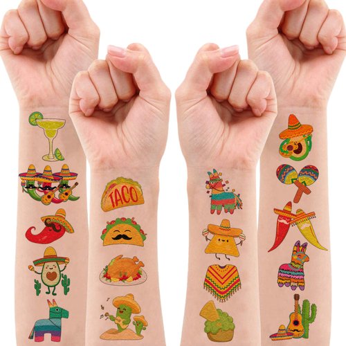 8 Sheets (96PCS) Mexican Tattoos Temporary Taco Twosday Theme Birthday Party Decorations Favors Supplies Stickers for Kids Boys Girls Gifts Classroom School Prizes Rewards