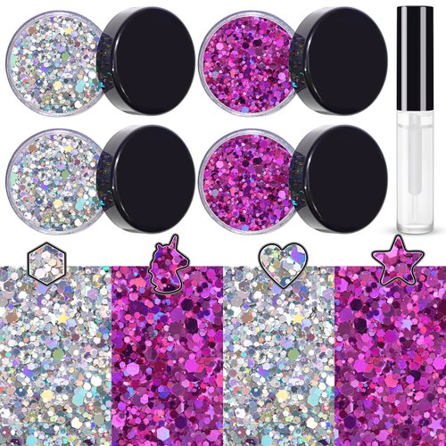 Silver and Purplish Red Holographic Chunky Glitter Cosmetic Body Hair Face Eye Nail for Festival Carnival Concert Beauty Rave Accessories Different Shapes 4 Pots 32g/1.12oz+ Quick Dry Primer Glue Gel