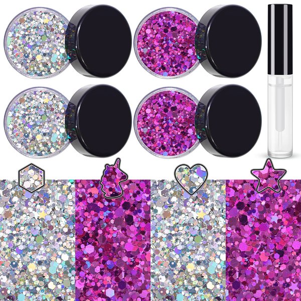 Silver and Purplish Red Holographic Chunky Glitter Cosmetic Body Hair Face Eye Nail for Festival Carnival Concert Beauty Rave Accessories Different Shapes 4 Pots 32g/1.12oz+ Quick Dry Primer Glue Gel