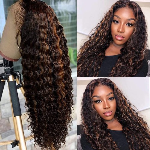 yamduly 24 Inch Highlight Ombre Lace Front Wig Human Hair Pre Plucked 1B/30 Black Brown 13x4 HD L...