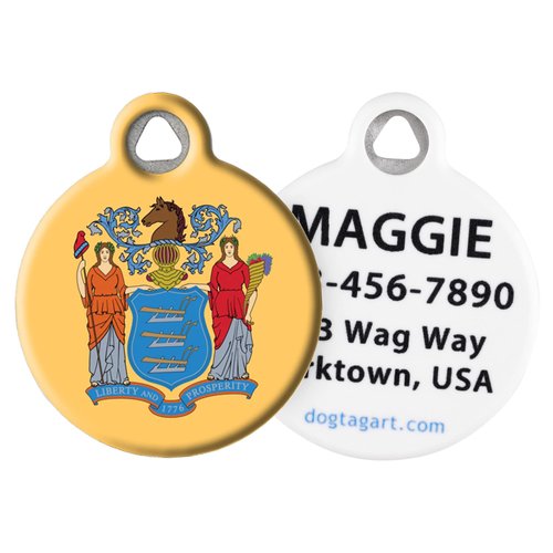 Dog Tag Art New Jersey Flag Personalized Pet ID Tag for Dogs and Cats, Silent Polymer Coated Stainless Steel New Jerseyan Nametag with Customized Identification Information - Small .875" Diameter
