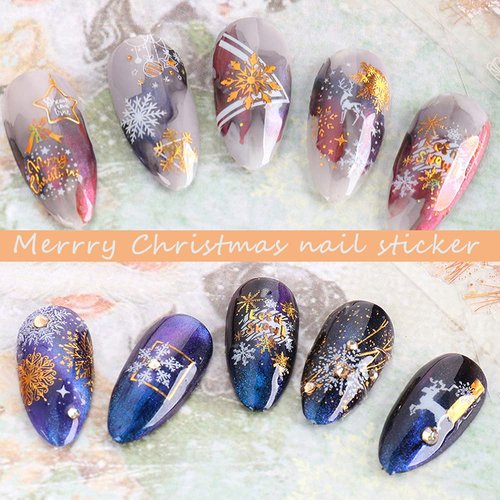 Christmas Nail Stickers, 3D Metal Gold Snowflake Nail Decals White Snowflake Elk Snowman Santa Claus Tree Christmas Bell Xmas Winter Nail Art Design for Women Kids(8Sheets)