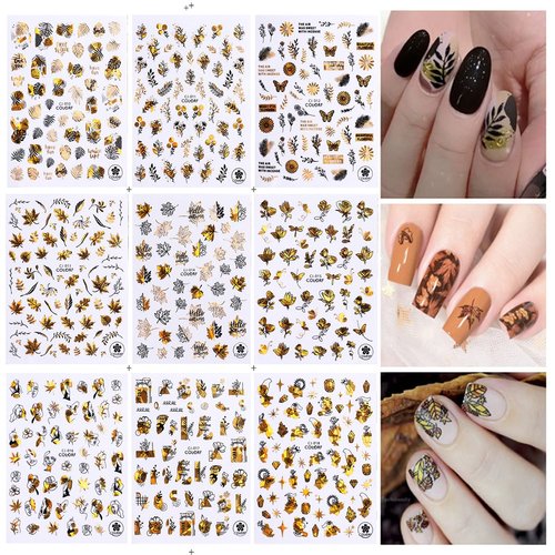 Fall Nail Stickers Autumn Maple Leaves Nail Decals Thanksgiving 3D Nail Art Supplies 9PCS Gold Maple Leaf Butterfly Abstract Face Rose Self-Adhesive Nail Art Stickers for Women Nail Decorations