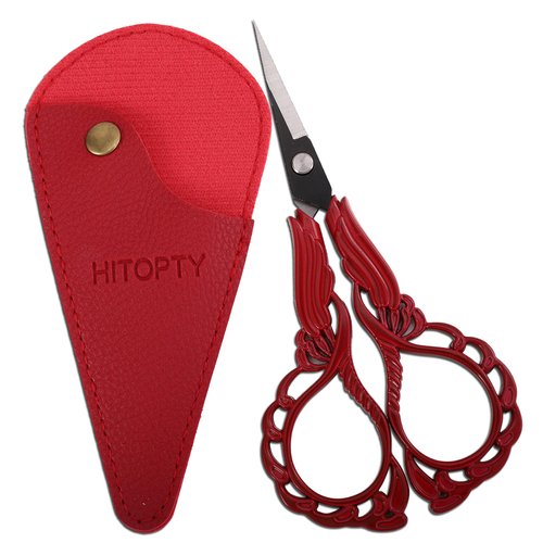 HITOPTY Sewing Embroidery Scissors with Cover, Sharp Threading Scissors for Needlework Craft Yarn Art Paper Detail Cutting, Straight Tip Little Snips Red Vintage
