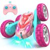 AFUNX RC Stunt Cars, Remote Control Car Double Sided 360° Flip Rotating 4WD 2.4Ghz Rechargeable Car Toy with Headlights For Outdoor & Indoor for 6-12 years old Kids Girls Boys Birthday Xmas Gift, Pink