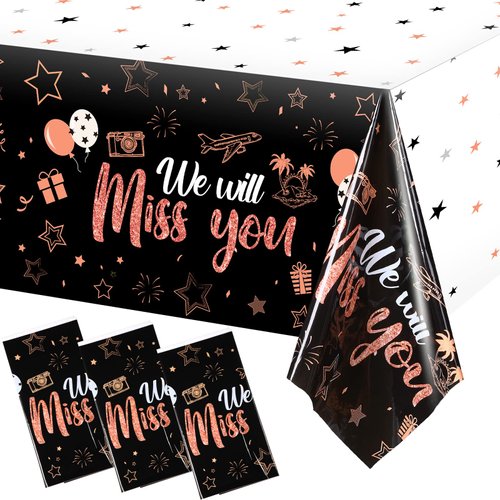 3 Pieces We Will Miss You Tablecloth Going Away Party Decorations Retirement Themed Table Cover Stars Disposable Plastic Table Cloth for Farewell Anniversary Party Supplies (Rose and Gold)