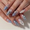 BABALAL Blue Press on Nails Medium Almond Fake Nails Sliver Chrome Bow Glue on Nails 3d Heart Charm Acrylic Nails Y2k Rhinestone Glitter Stick on False Nails 24Pcs Stiletto Nails Press on