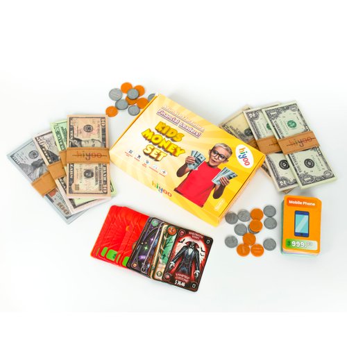 hiyoo Play Money for Teaching - Fake Money for Kids Pretend Play, Learning Money for Kids, Educational Cash Money Toy Set 290 Pcs, Shopping Games, 80 Price Cards, Preschool Resources for Girls Boys