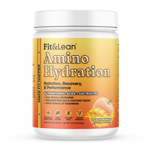 Fit&Lean Amino Hydration, Naturally Sweetened Workout Recovery Drink, 6g Vegan Amino Acids, EAA, BCAA, Glutamine, Electrolytes, Peach Mango, 30 Servings