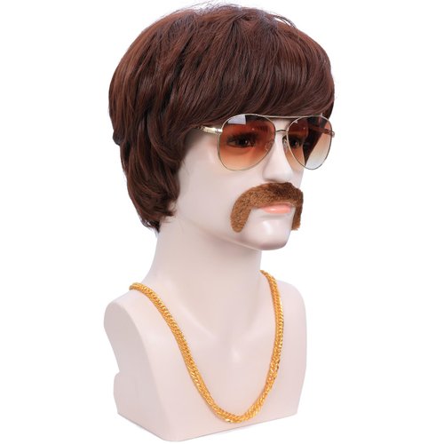 Bettecos 70s 80s Costume Wigs for Men with Mustache Glasses and Chain Short Brown Shaggy Disco Wig for Sonny Singer Rocker Hippie Retro Cosplay Halloween Party