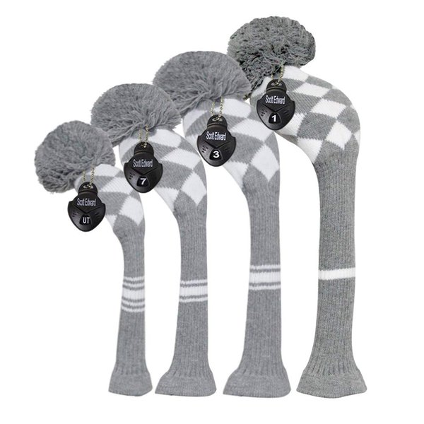 Scott Edward Golf Club Cover Set of 4, Acrylic Yarn Double-Layers, with Rotatable Number Tags, Grey White Argyles