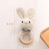 Wooden Baby Rattle, Handcrafted Crochet Bunny Rattles with Wooden Teething Ring, Beige Rabbit Newborn Toy Stuffed Animal Organic Rattle Baby Announcement Ideas Props