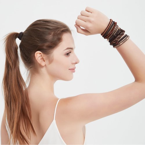 Qooocy Variety Pony Hair Tie Bracelets - 10 Pack Elastic Bands for Thick or Thin Hair, Ponytails, Prevents Breakage, Brown and Black