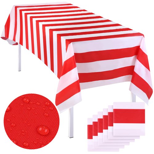 Elcoho 6 Pack Red and White Stripes Tablecloth Plastic Stripe Table Cover Carnival Circus Tablecloths for Carnival Circus Themed Party Decorations Movie Night Birthday Party Supplies
