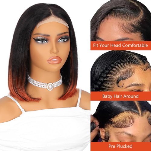 Highlight 4x4 HD Lace Front Wigs Ombre 1B/350 Black to Ginger Orange Human Hair Bob Wigs Colored Lace Closure Wigs for Women Glueless Pre Plucked 180% Density Straight Short Bob Wig 14 Inch
