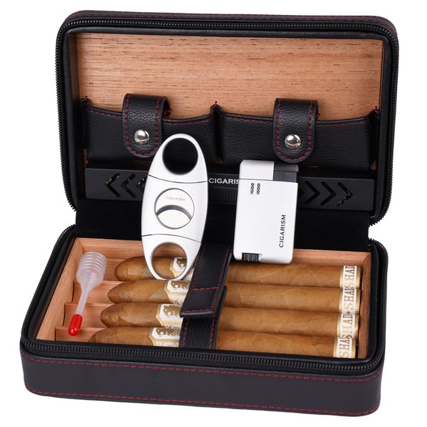 CIGARISM Cigar Travel Humidor, PU Leather Cigar Case, Cigar Cutter and Lighter Set