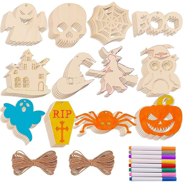 Riavzau 60PCS Halloween Wooden Slices Cutouts Ornaments DIY Crafts, Unfinished Halloween Wooden Hanging Ornaments Pre-drilled Natural Wood for Kids Halloween Trick or Treat Party Supplies