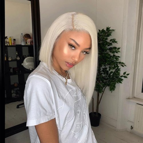 FINMOO Platinum Blonde Bob Wigs Human Hair Pre Plucked #60 Straight Bob Human Hair Wig 13x4 HD Transparent Lace Frontal Wig Glueless Blonde Lace Front Wigs for Women 12 Inch 180 Density