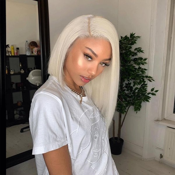 FINMOO Platinum Blonde Bob Wigs Human Hair Pre Plucked #60 Straight Bob Human Hair Wig 13x4 HD Transparent Lace Frontal Wig Glueless Blonde Lace Front Wigs for Women 12 Inch 180 Density