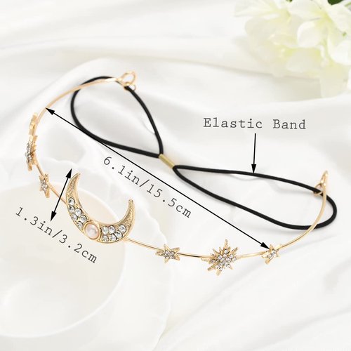 Formery Moon Crown Headband Gold Star Rhinestones Tiara Headpiece Party Prom Festival Elastic Crystal Hairband Hair Accessories for Women and Girls