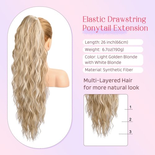 HOOJIH Ponytail Extension, Drawstring Ponytail Hair Extensions 26 Inch Long Curly Wavy Ponytail Natural Wavy Synthetic Hairpiece for Women Daily Use - Light Golden Blonde with White Blonde