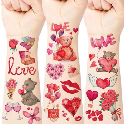 12 Sheets Valentines Day Temporary Tattoo Stickers Glitter Romantic Cartoon Doll Rose Arrow Red Hearts Tattoo Stickers Valentine's Day Party Supplies for Women Girl Kids Party Games Gifts Decorations