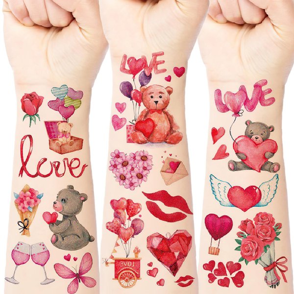 12 Sheets Valentines Day Temporary Tattoo Stickers Glitter Romantic Cartoon Doll Rose Arrow Red Hearts Tattoo Stickers Valentine's Day Party Supplies for Women Girl Kids Party Games Gifts Decorations