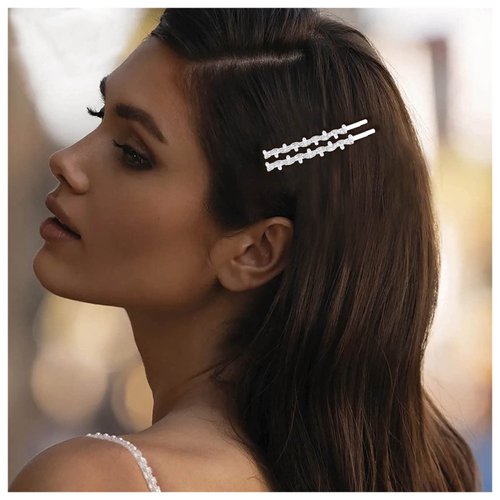 Andelaisi Boho Pearl Wedding Hairpin Clip Vintage Crystal Pearl Hair Barrette Clip Rhinestone Pearl Hair Clip Hairpin Decorative Bobby Pins Pearl Head Clip Silver Bride Hair Accessories for Women 2Pcs