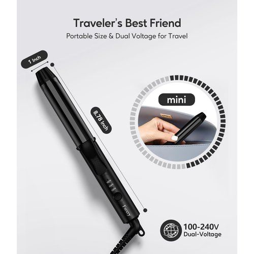 Travel Curling Iron Dual Voltage, 1 Inch Mini Curling Iron Travel Size with 3 Adjustable Temp, Ceramic Mini Hair Curler with Keratin&Argan Oil Infuse, Travel Size Curling Iron with Storage Bag